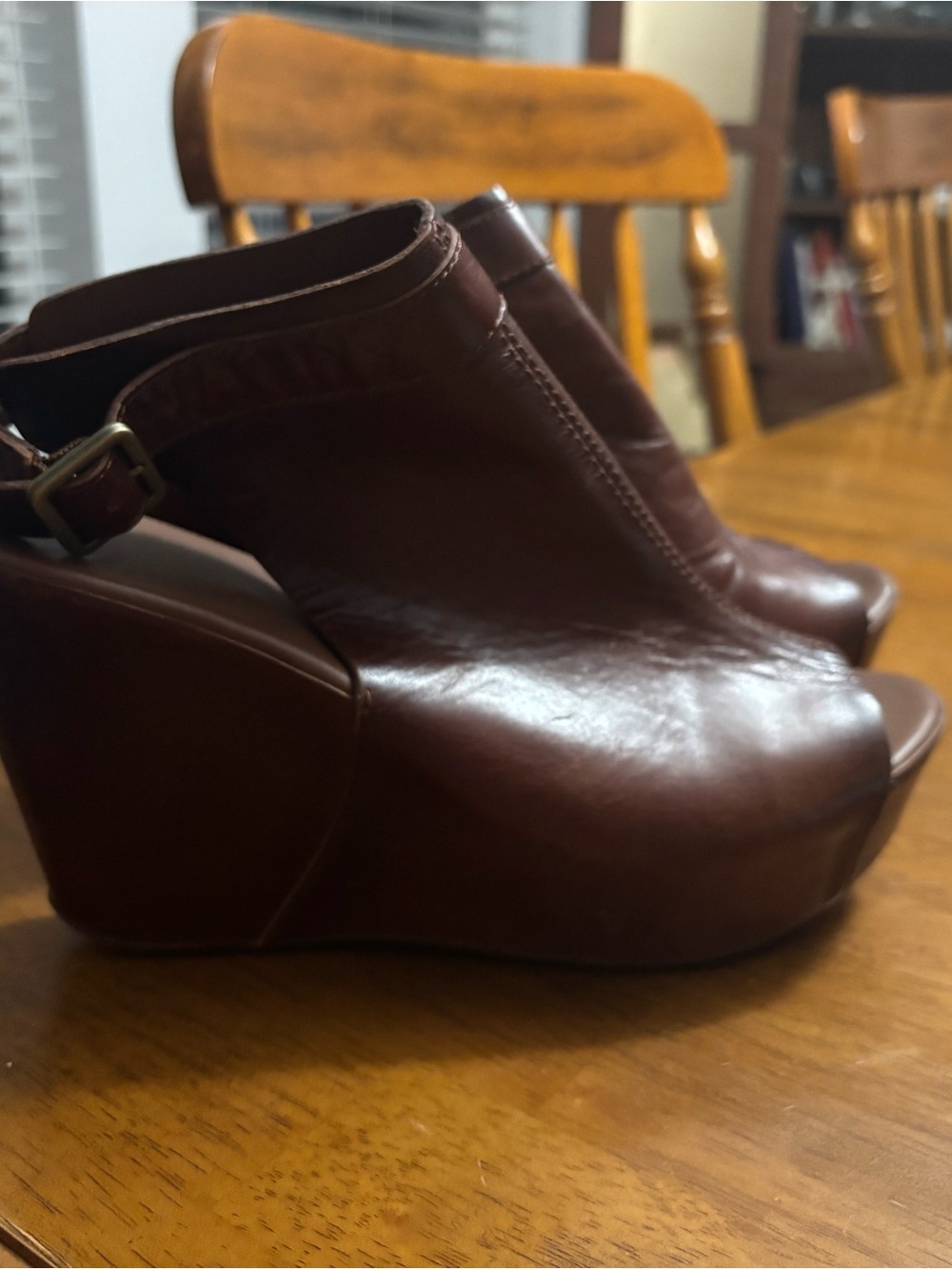 Kork-Ease Brown Leather Peep-Toe Wedge Sandals